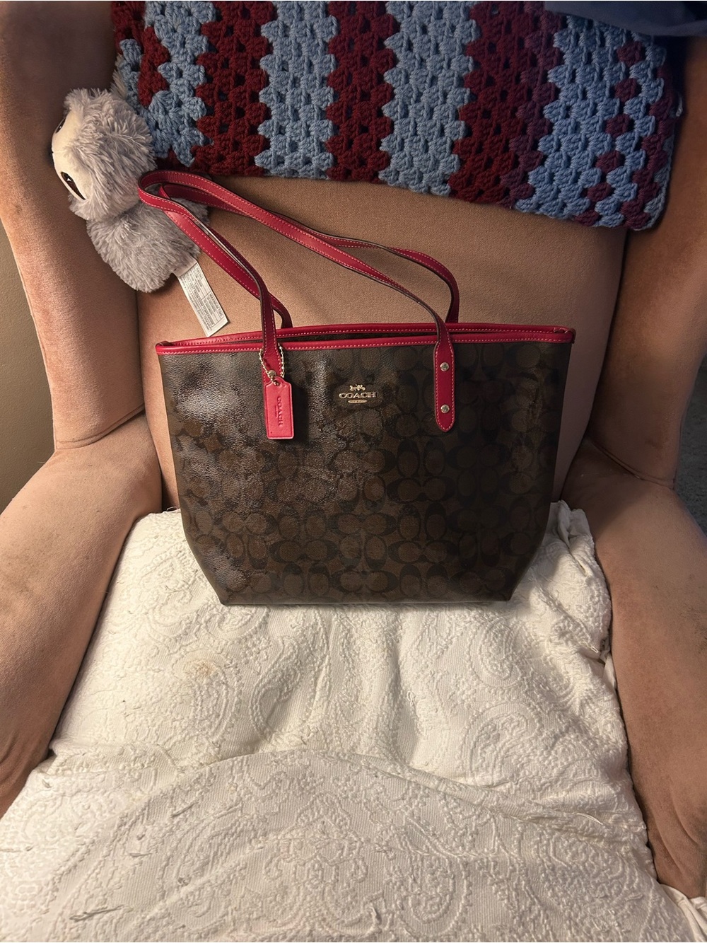 Coach Brown Signature Tote with Red Trim